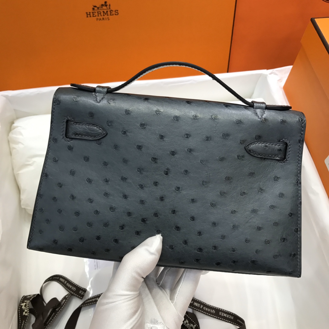 Hermes Mini Kelly Pochette 22cm Bag In Black Grey Ostrich Leather